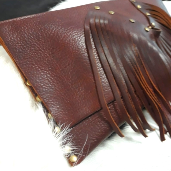Brown Boho Style Leather Clutch Bag w/ Tassel Detail/ Handcrafted by J.Monique - Picture 4 of 5